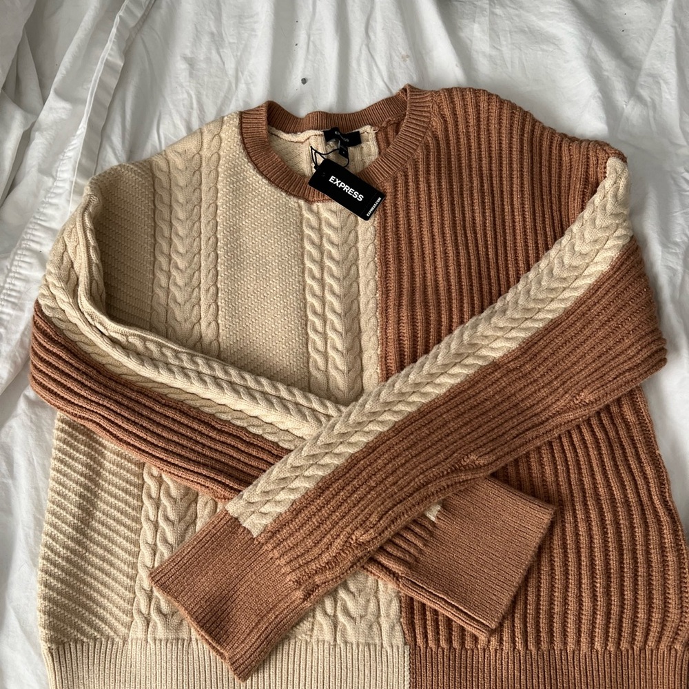 Express Women's Two-Tone Cable Knit Sweater - Cream and Brown Size Small